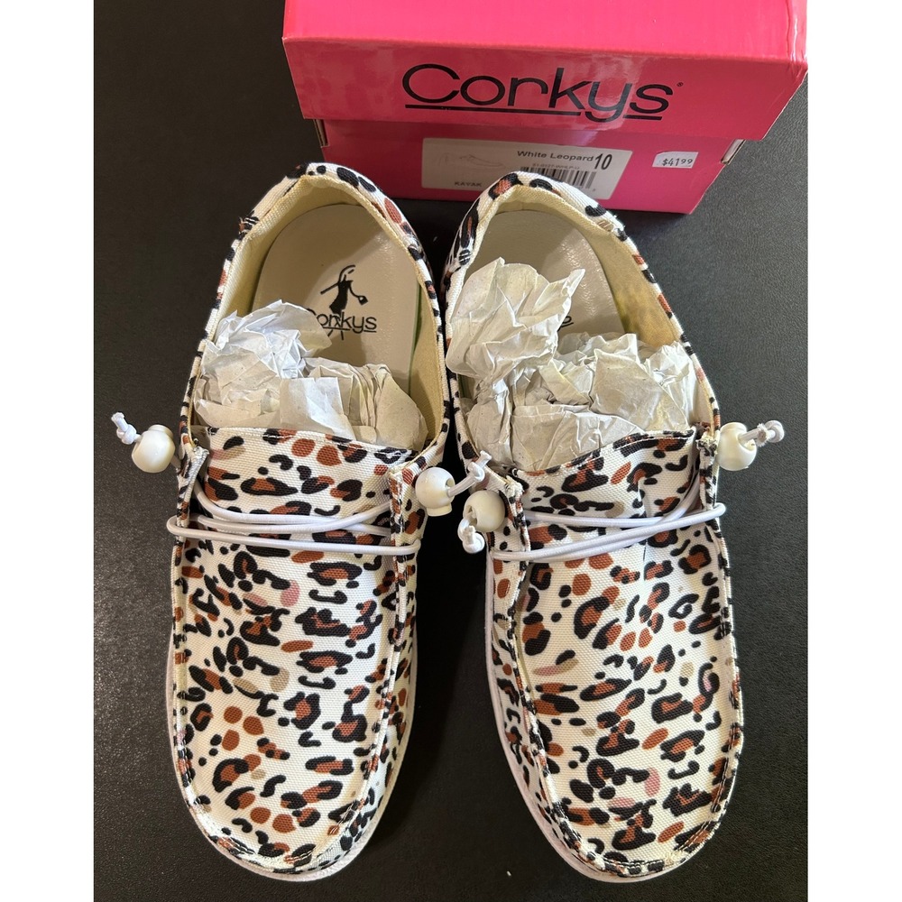 Corky's Kayak Boat Shoes Women 10 White Leopard Print Canvas Loafers Slip On NEW - Picture 3 of 9